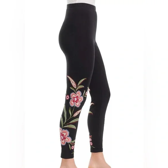 Johnny Was Libbi Black Leggings with Pink Floral Embroidery - Picture 2 of 10